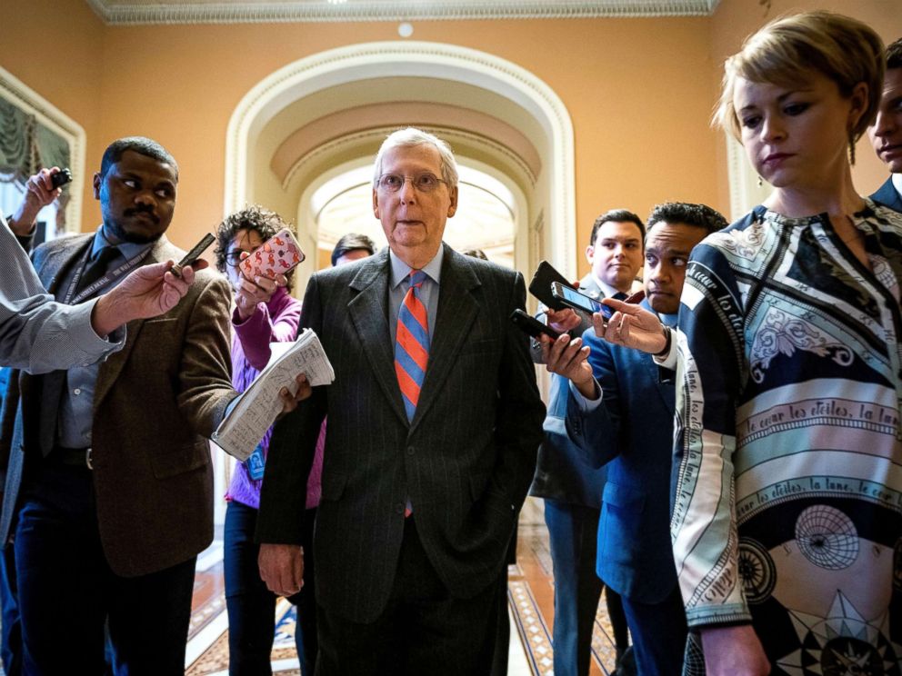 PHOTO: Republican Senate Majority Leader Mitch McConnell leaves the Senate floor after the vote on a budget bill that could avert a government shutdown at the US Capitol in Washington, Feb. 14, 2019.