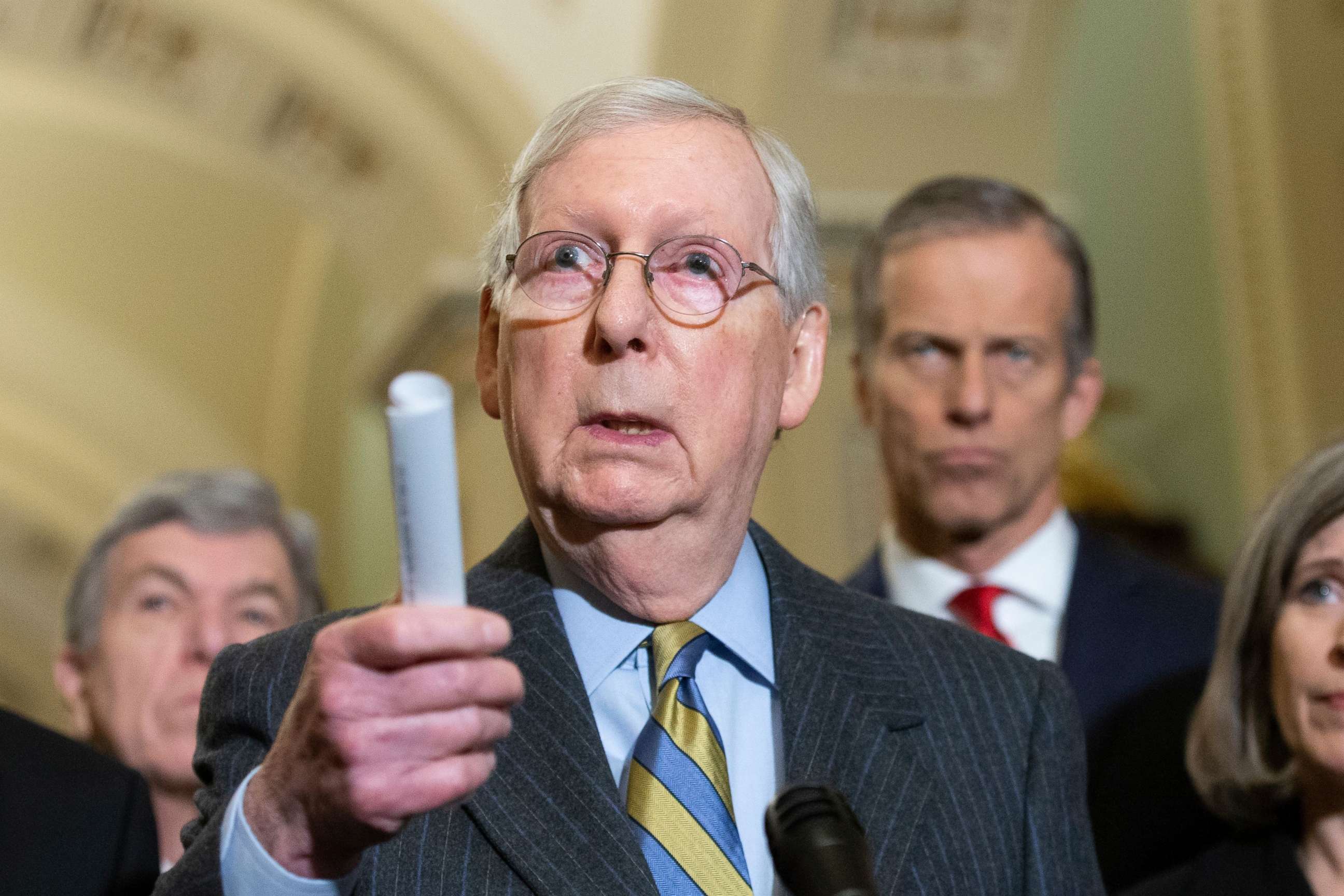 PHOTO: Republican Senate Majority Leader Mitch McConnell speaks to the media about the upcoming Senate impeachment trial on Capitol Hill in Washington, Jan. 14, 2020.