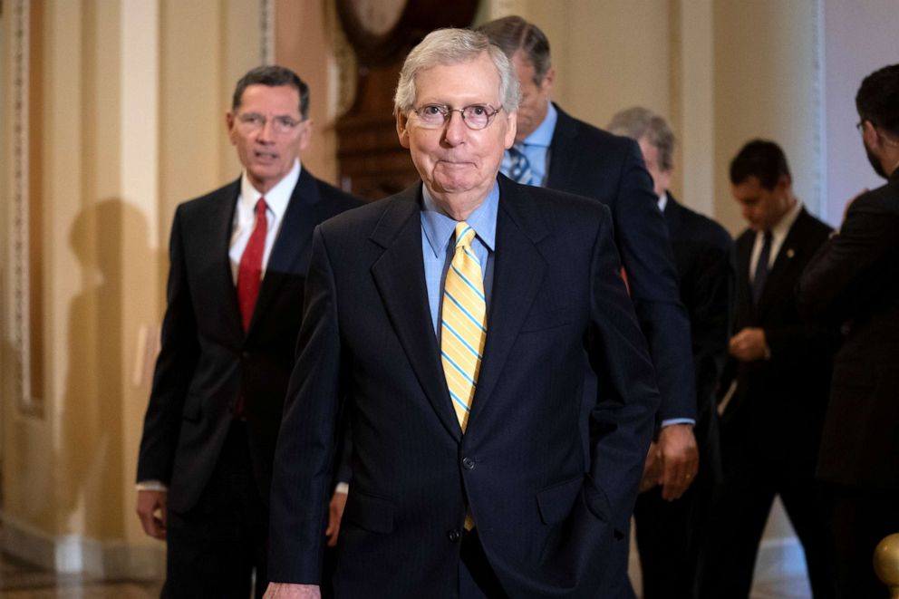 PHOTO: Senate Majority Leader Mitch McConnell and the GOP leadership team arrive to speak to reporters following their weekly policy conference, at the Capitol in Washington, June 11, 2019.