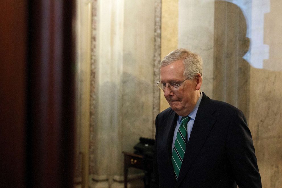 PHOTO: Senate majority leader Mitch McConnell walks to his vehicle following a Senate Pro Forma session on Capitol Hill, while the spread of the coronavirus disease (COVID-19) continues in Washington, April 16, 2020.