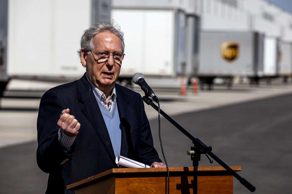 PHOTO: SSenate Minority Leader Mitch McConnell speaks to the media after he toured the McKesson distribution center in Shepherdsville, Kentucky, March 30, 2021.