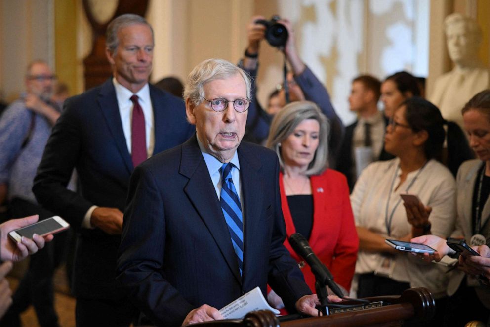 PHOTO: Senate Minority Leader Mitch McConnell speaks during a news conference following Senate Republican policy luncheons in Washington, DC, May 31, 2023.