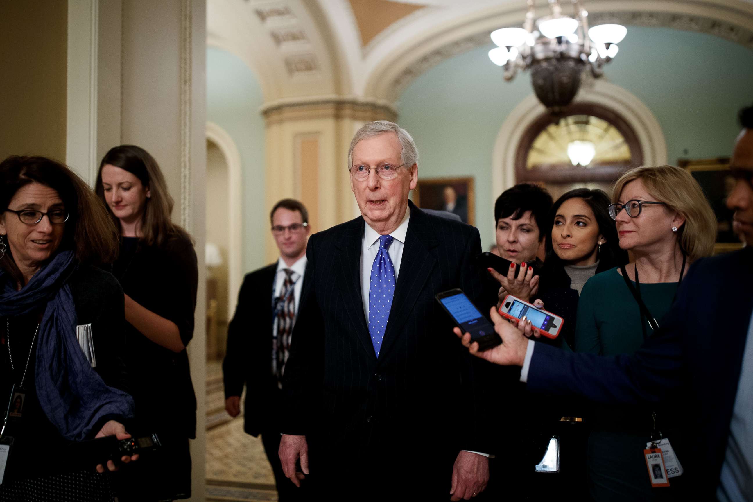 PHOTO: Senate Majority Leader Mitch McConnell talks to reporters on Capitol Hill in Washington, Dec. 19, 2018.