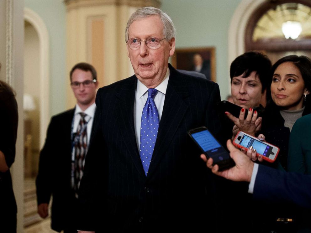 PHOTO: Senate Majority Leader Mitch McConnell talks to reporters on Capitol Hill in Washington, Dec. 19, 2018.