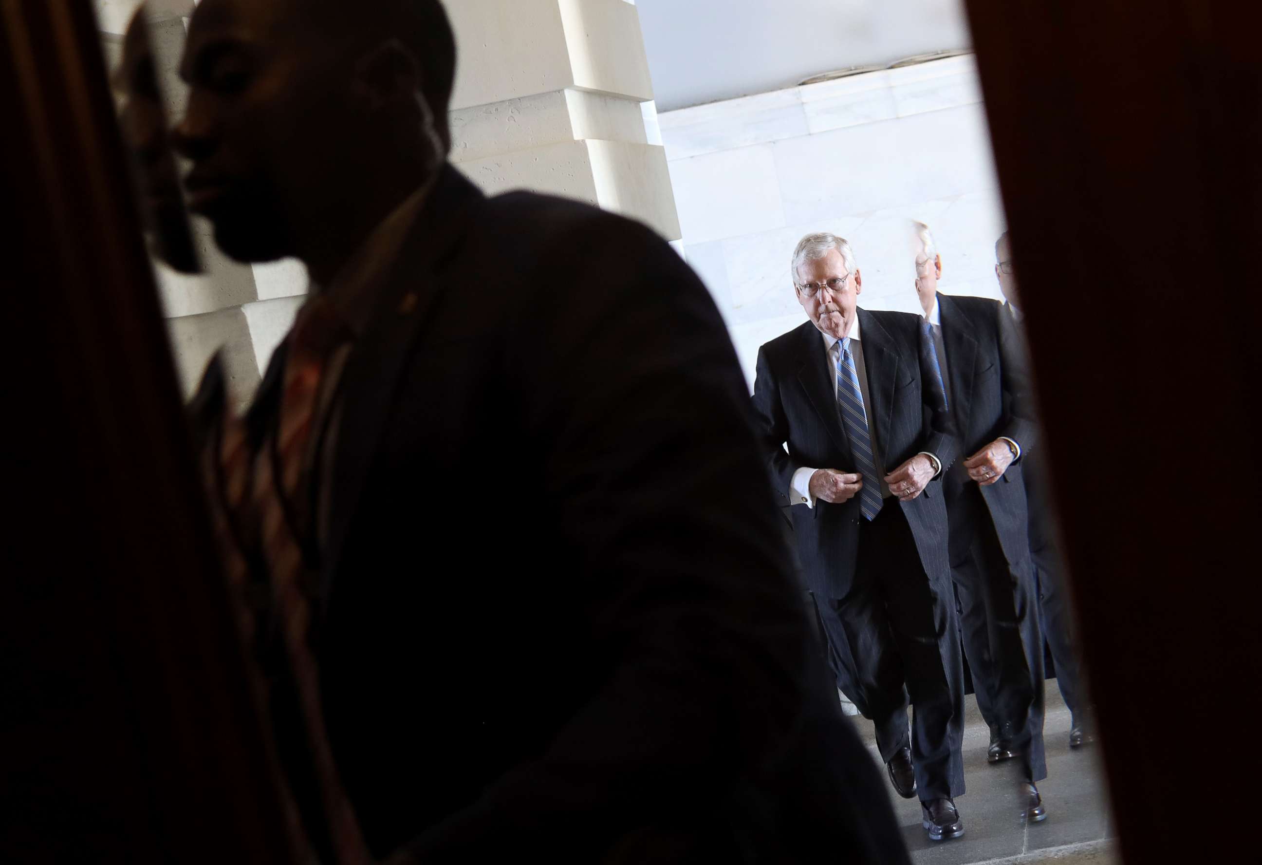 PHOTO: Senate Majority Leader Mitch McConnell arrives at the U.S. Capitol on March 18, 2020, in Washington.