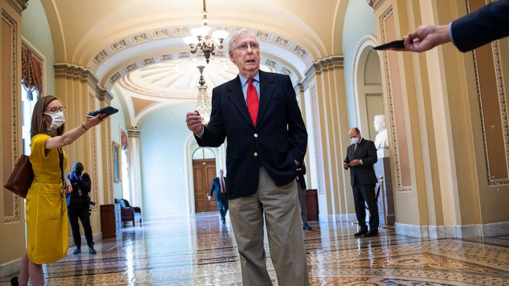 PHOTO: Senate Majority Leader Mitch McConnell speaks to the media in the Capitol on April 9, 2020.