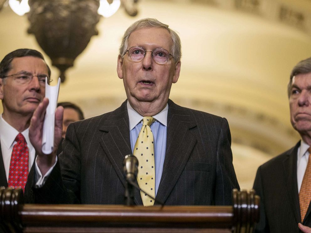 PHOTO: Senate Majority Leader Mitch McConnell speaks during a news conference following a weekly policy luncheon, April 2, 2019, in Washington, DC.