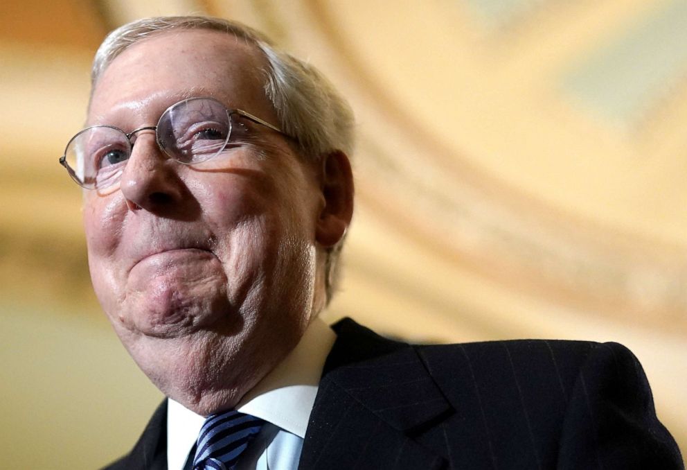 PHOTO: Mitch McConnell answers questions during a press conference following a weekly policy lunch at the U.S. Capitol, Dec. 3, 2019, in Washington, DC.