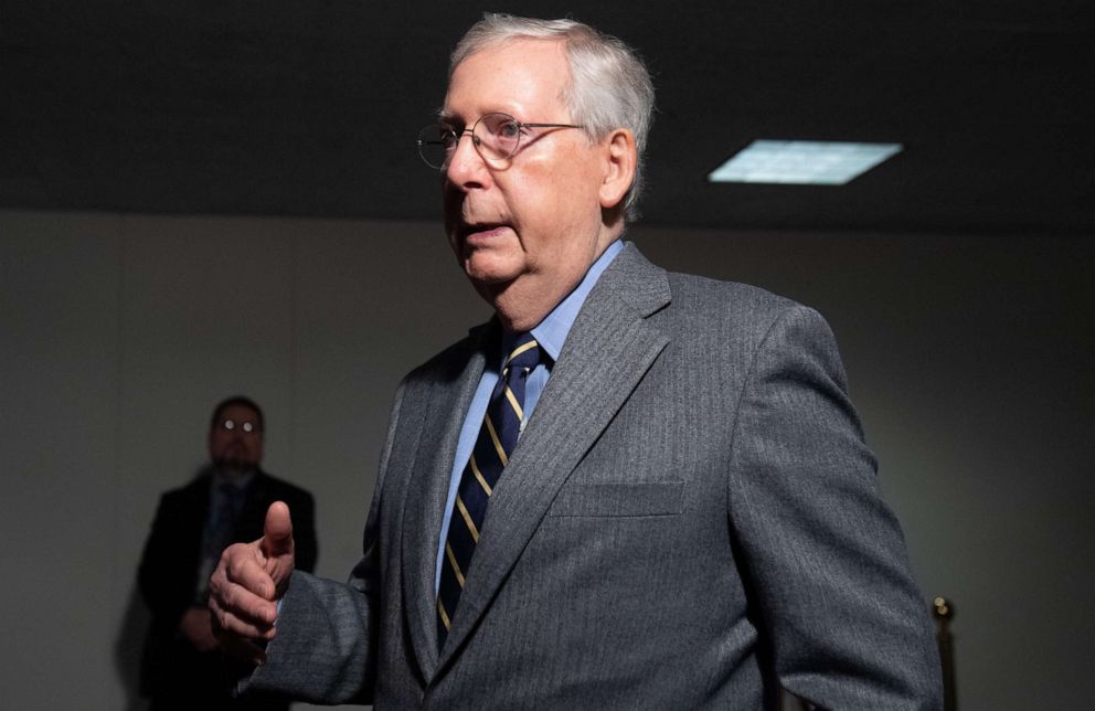 PHOTO: Senate Majority Leader Mitch McConnell speaks to the press as he arrives to attend a meeting to discuss a potential economic bill in response to the coronavirus, COVID-19, in Washington, DC, March 20, 2019.