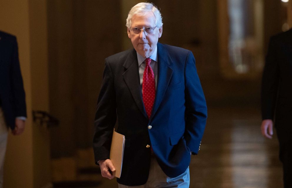 PHOTO: Senate Majority Leader Mitch McConnell walks to the Senate floor to try and add an additional $250 billion to small business coronavirus relief funds, at the Capitol in Washington, April 9, 2020.