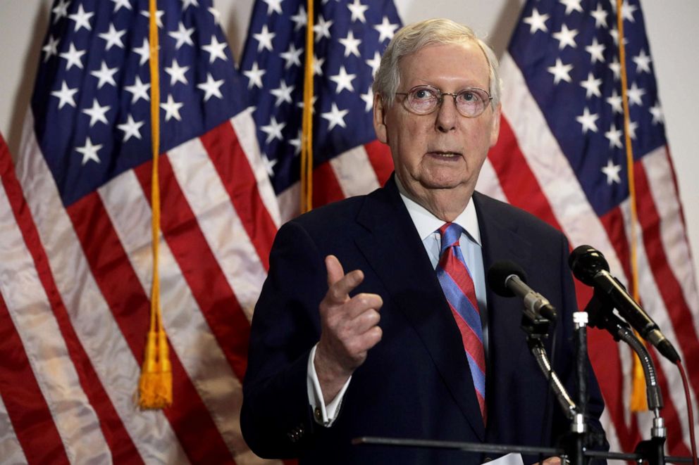 PHOTO: Senate Majority Leader Sen. Mitch McConnell speaks to members of the press, May 12, 2020, on Capitol Hill in Washington, DC.