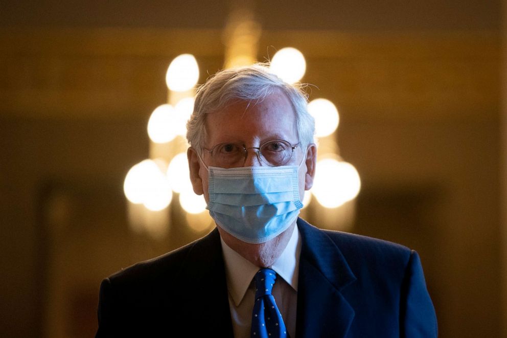 PHOTO: Senate Majority Leader Mitch McConnell leaves his office and walks to the Senate floor at the U.S. Capitol, Sept. 23, 2020, in Washington, DC.