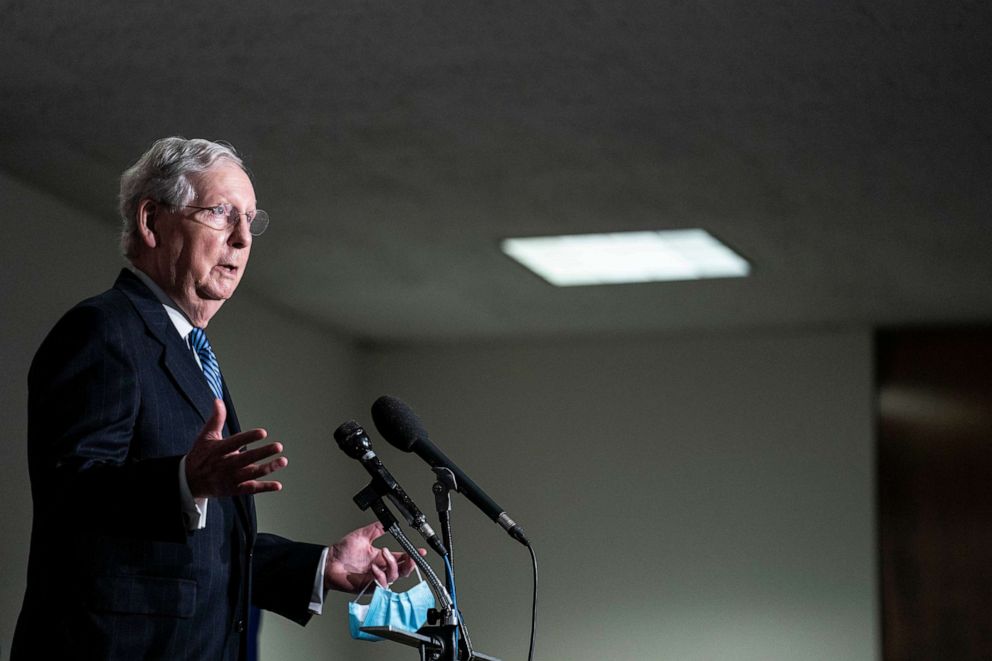 PHOTO: Senate Majority Leader Mitch McConnell speaks to reporters following the weekly Senate Republican caucus luncheon, Nov. 10, 2020, in Washington, DC.