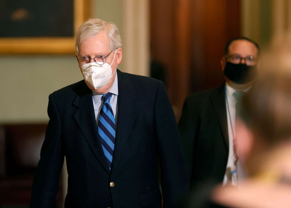 PHOTO: Senate Majority Leader Mitch McConnell leaves the Senate chamber, Jan. 19, 2021 in Washington, DC. 