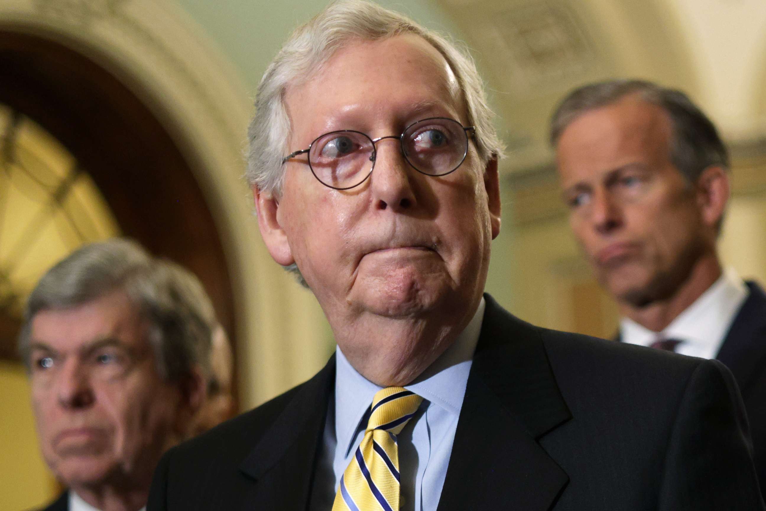 PHOTO: Senate Minority Leader Sen. Mitch McConnell listens during a news briefing after the weekly Senate Republican Policy Luncheon at the U.S. Capitol June 22, 2021 in Washington, DC.