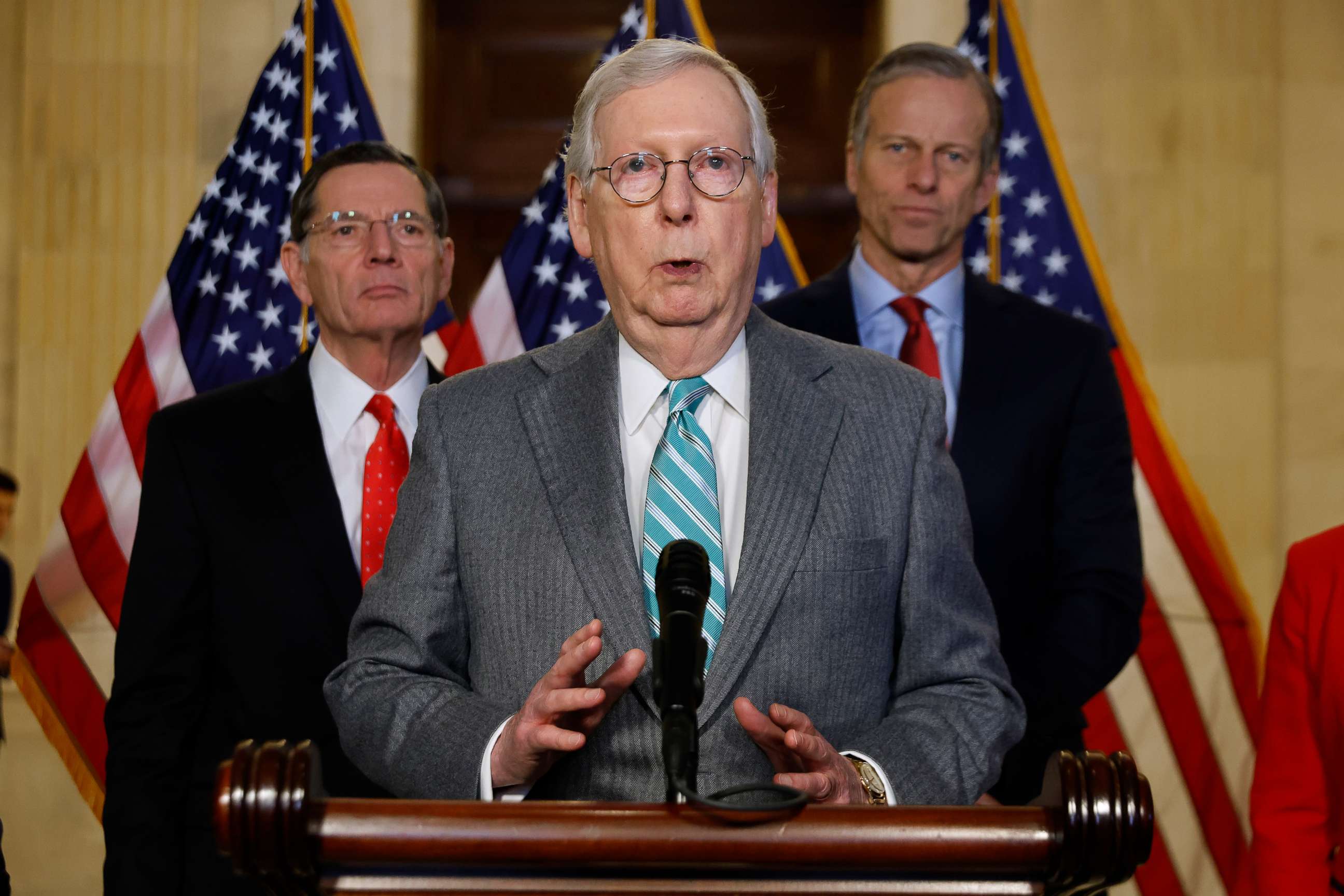 PHOTO: Senate Minority Leader Mitch McConnell talks to reporters following the weekly Senate Republican policy luncheon in the Russell Senate Office Building on Capitol Hill, Jan. 11, 2022 in Washington, DC.