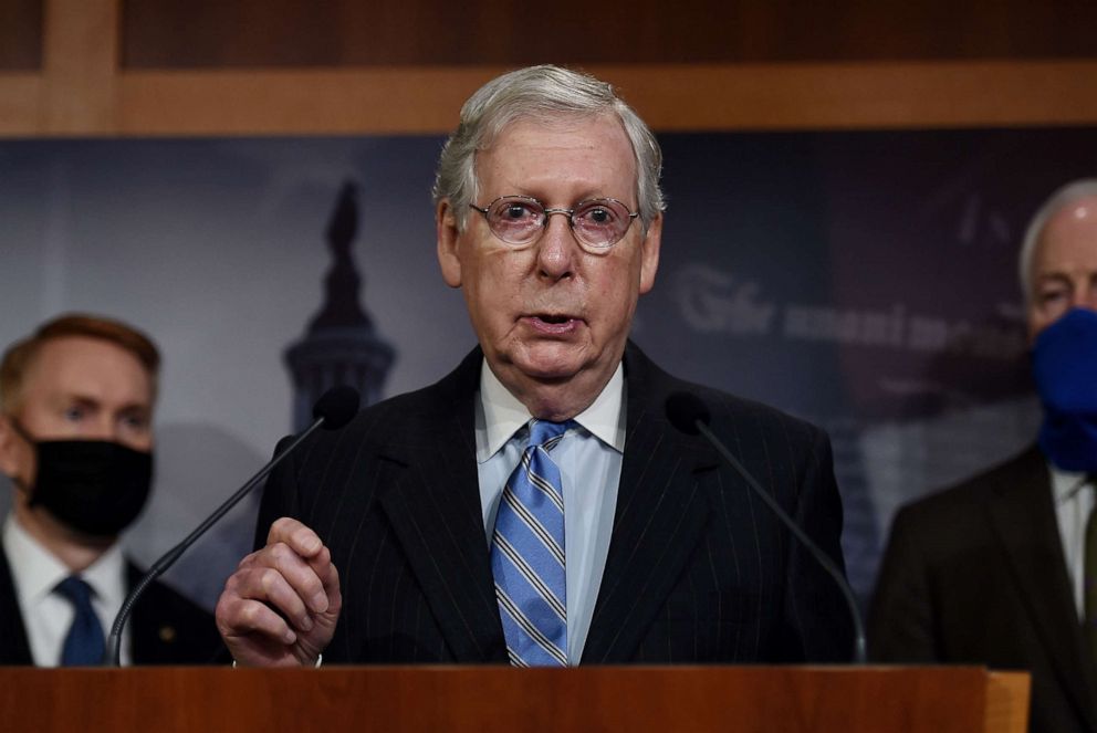 PHOTO: Republican Senate Majority Leader Mitch McConnell speaks during a news conference to announce that the Senate is considering police reform legislation, at the US Capitol on June 17, 2020, in Washington, DC.