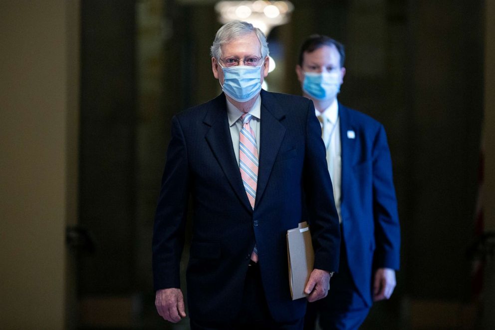 PHOTO: Senate Majority Leader Mitch McConnell walks to the Senate Chamber at the U.S. Capitol on Aug. 6, 2020, in Washington, DC.