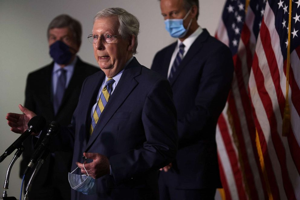 PHOTO: Senate Majority Leader Sen. Mitch McConnell speaks to members of the press after the weekly Senate Republican Policy Luncheon, Sept. 22, 2020, at Hart Senate Office Building on Capitol Hill in Washington.