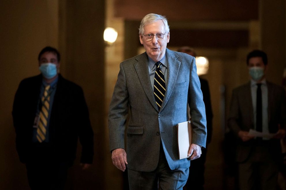 PHOTO: Senate Minority Leader Mitch McConnell leaves his office and walks to the Senate floor at the U.S. Capitol on Jan. 5, 2022, in Washington, D.C.