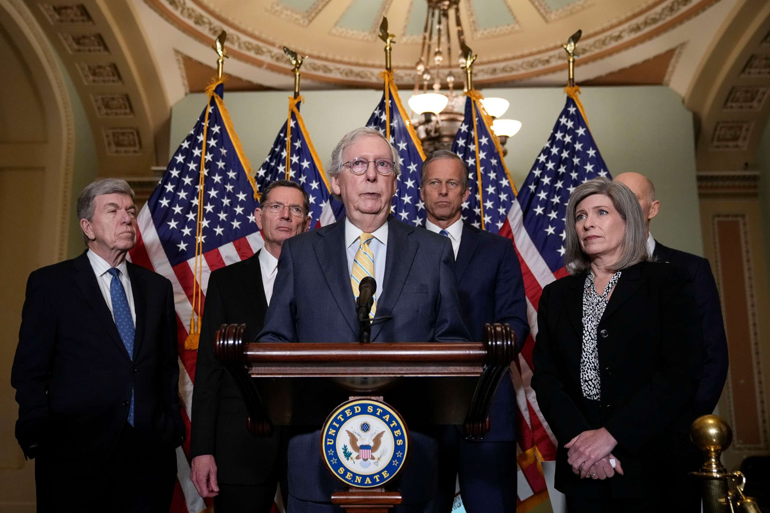 PHOTO: Senate Minority Leader Mitch McConnell speaks during a news conference after a closed-door lunch with Senate Republicans at the U.S. Capitol, on May 17, 2022, in Washington, D.C.
