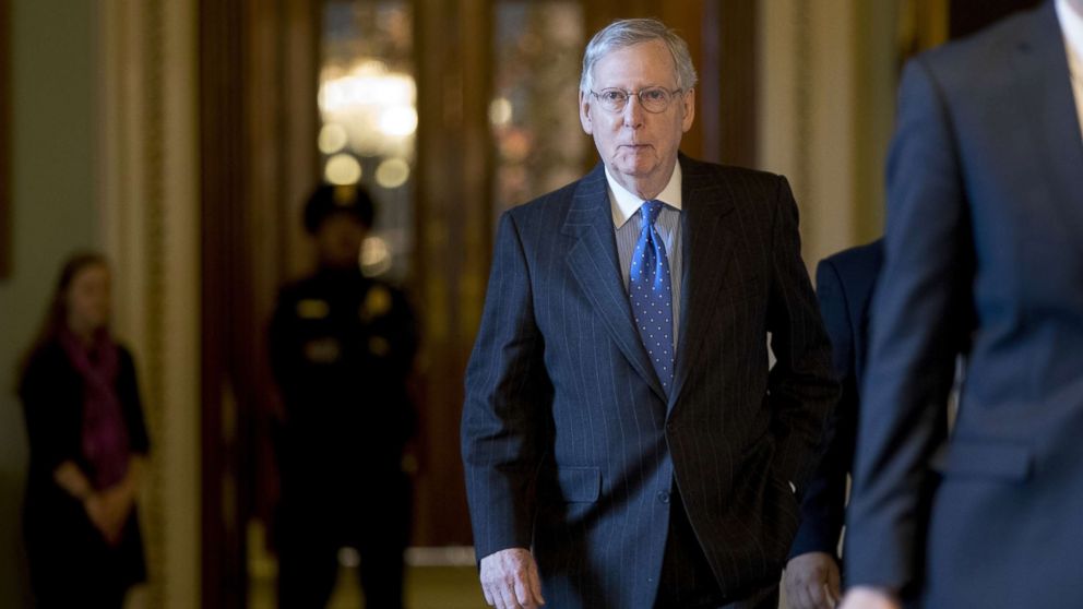 PHOTO: Senate Majority Leader Mitch McConnell, a Republican from Kentucky, walk to his office at the U.S. Capitol in Washington, D.C., April 7, 2017.