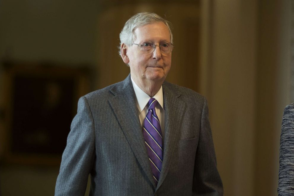 PHOTO: Senate Majority Leader Mitch McConnell walks to his office at the U.S. Capitol, Feb. 15, 2018, in Washington, D.C.