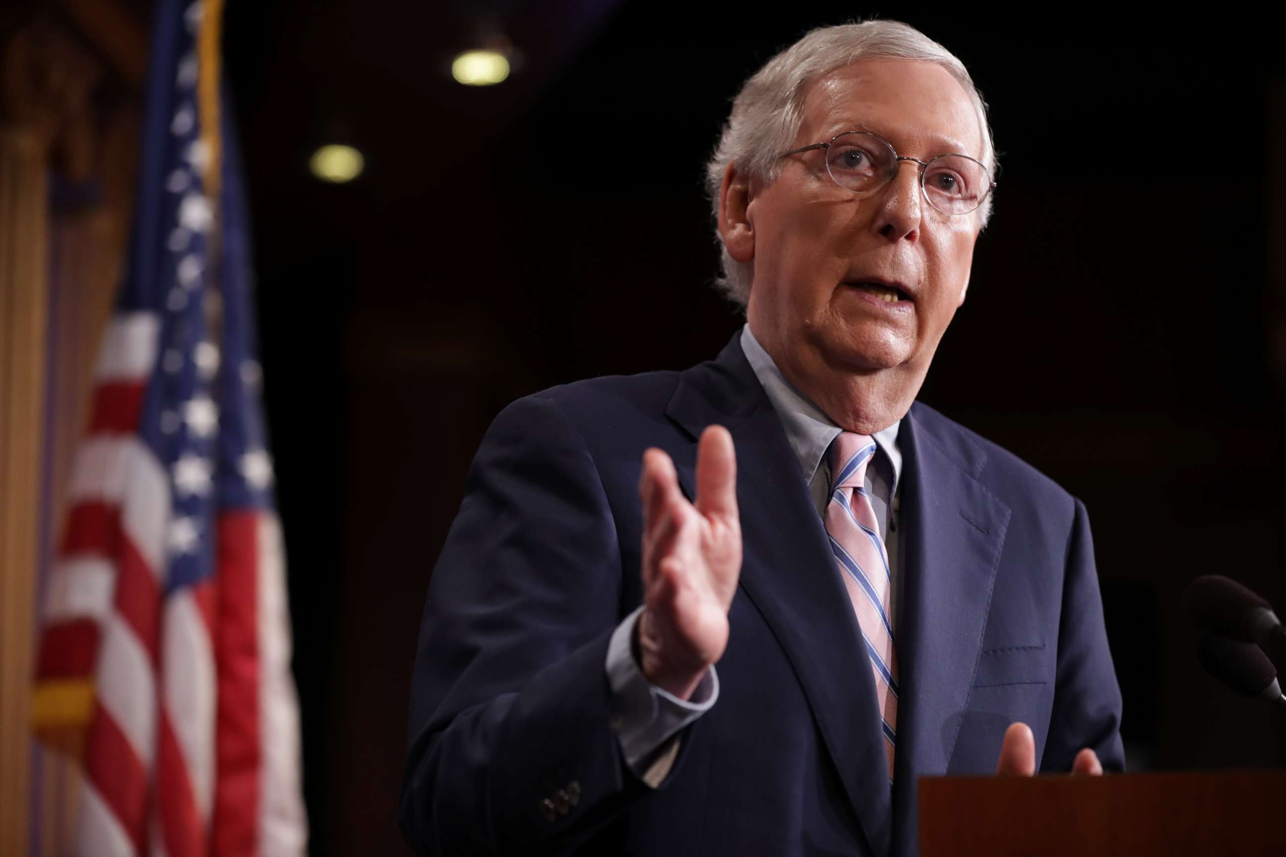 PHOTO: Senate Majority Leader Mitch McConnell talks to reporters after the Senate voted to confirm Supreme Court nominee Judge Brett Kavanaugh at the U.S. Capitol, Oct. 6, 2018, in Washington, DC.