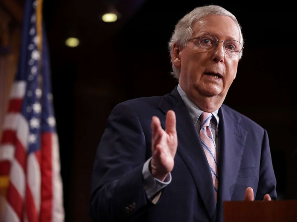 PHOTO: Senate Majority Leader Mitch McConnell talks to reporters after the Senate voted to confirm Supreme Court nominee Judge Brett Kavanaugh at the U.S. Capitol, Oct. 6, 2018, in Washington, DC.