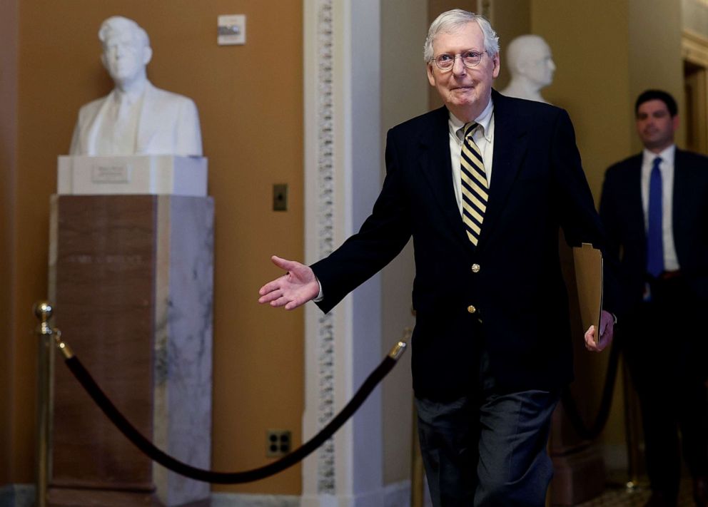 PHOTO: Senate Minority Leader Mitch McConnell walks to the Senate chamber from his office in the U.S. Capitol, Nov. 14, 2022, in Washington, D.C. 