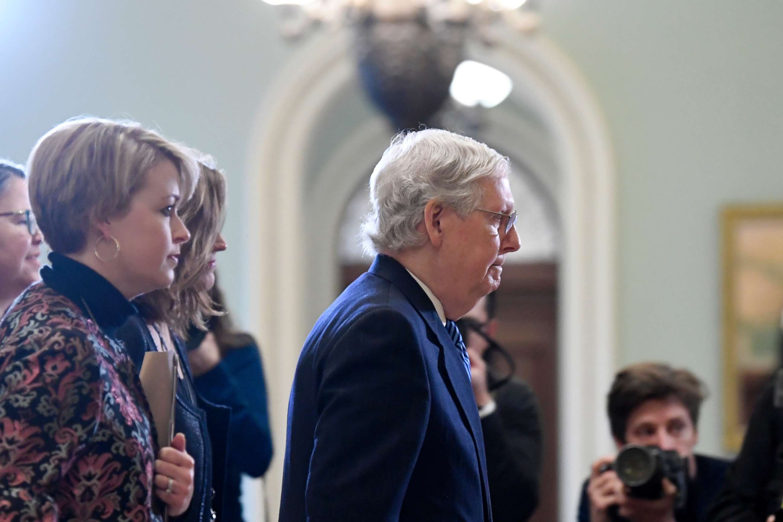 PHOTO: Senate Majority Leader Mitch McConnell of Ky., walks towards the Senate floor on Capitol Hill in Washington, Feb. 5, 2020.