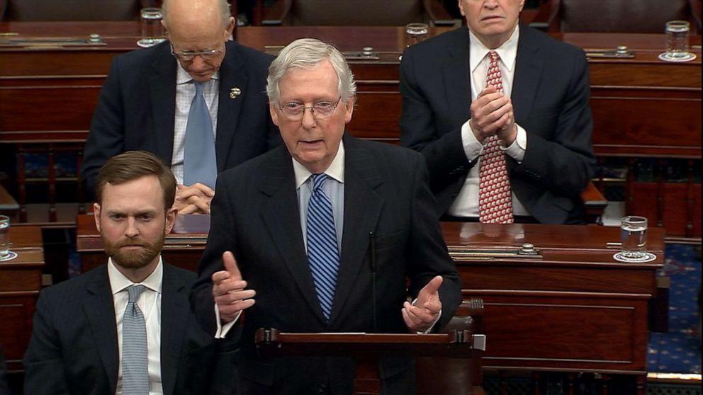 PHOTO: Mitch McConnell speaks on the Senate floor prior to an impeachment vote, Feb. 5, 2020, in Washington, DC.