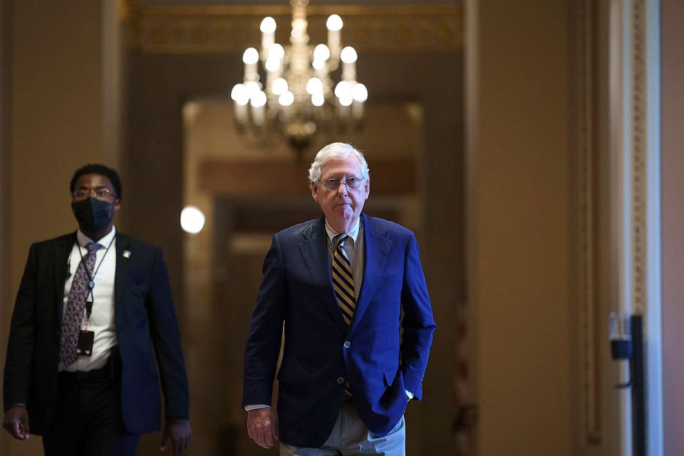 PHOTO: Senate Minority Leader Mitch McConnell walks to the chamber after the Senate voted to advance the $1 trillion bipartisan infrastructure bill, at the U.S. Capitol in Washington, D.C., Aug. 7, 2021.  