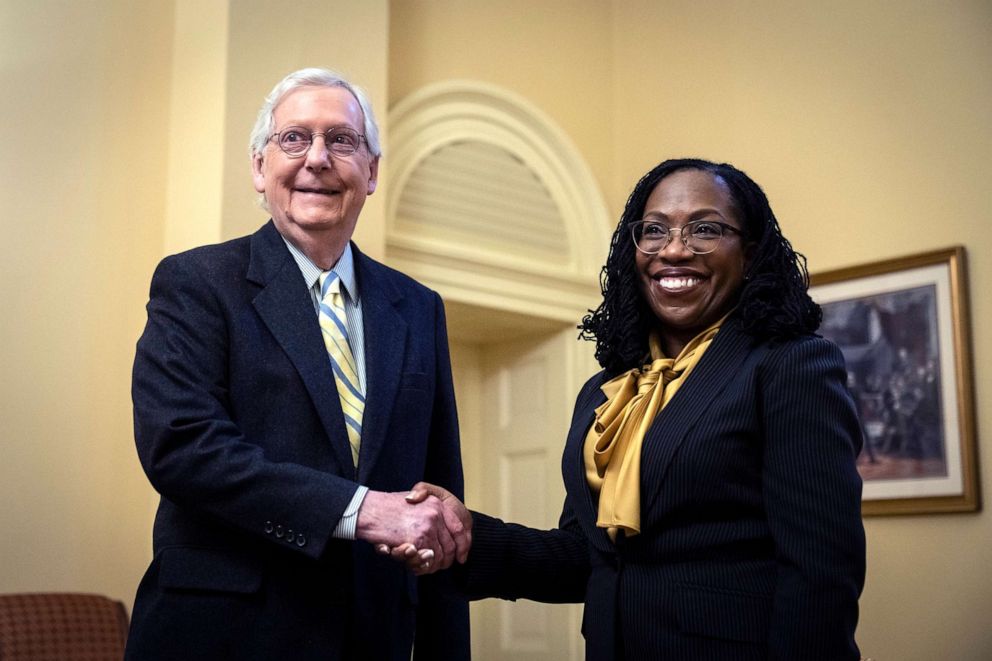 PHOTO: Senate Minority Leader Mitch McConnell shakes hands with Supreme Court Nominee Judge Ketanji Brown Jackson in McConnell's office at the U.S. Capitol, on March 2, 2022, in Washington, D.C.