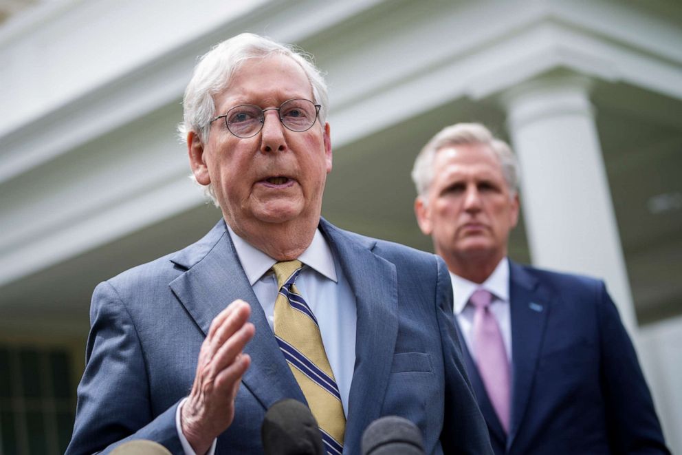 PHOTO: In this May 12, 2021, file photo, Senate Minority Leader Mitch McConnell and House Minority Leader Kevin McCarthy address reporters outside the White House after their Oval Office meeting with President Joe Biden in Washington, D.C. 