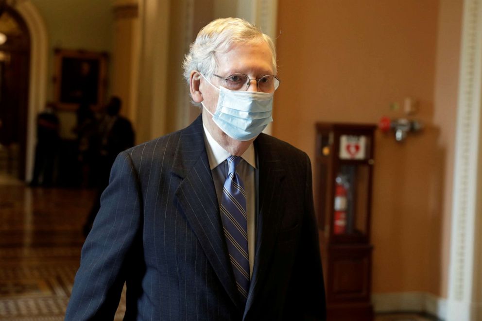 PHOTO: Senate Majority Leader Mitch McConnell, R-Ky., walks through the U.S. Capitol after Senate Republicans unveiled a new police reform bill at a news conference on Capitol Hill in Washington, D.C., June 17, 2020.