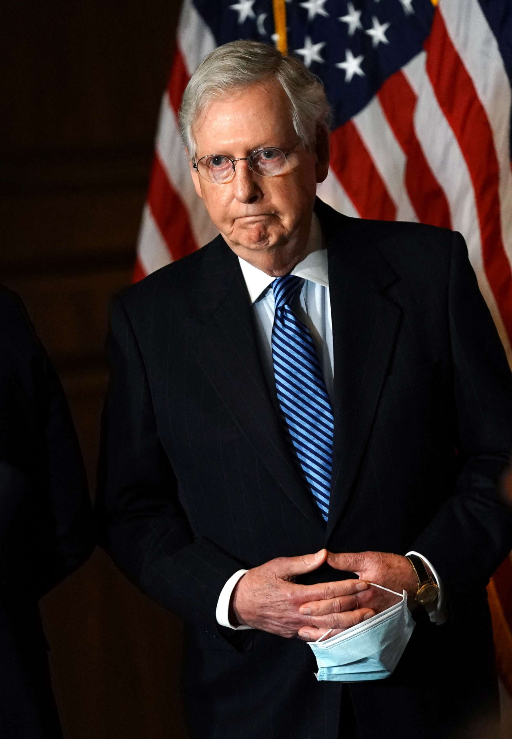PHOTO: Senate Majority Leader Mitch McConnell listens to a reporters question during a press conference with Republican leaders at the U.S. Capitol Building in Washington, DC., Dec. 8, 2020.
