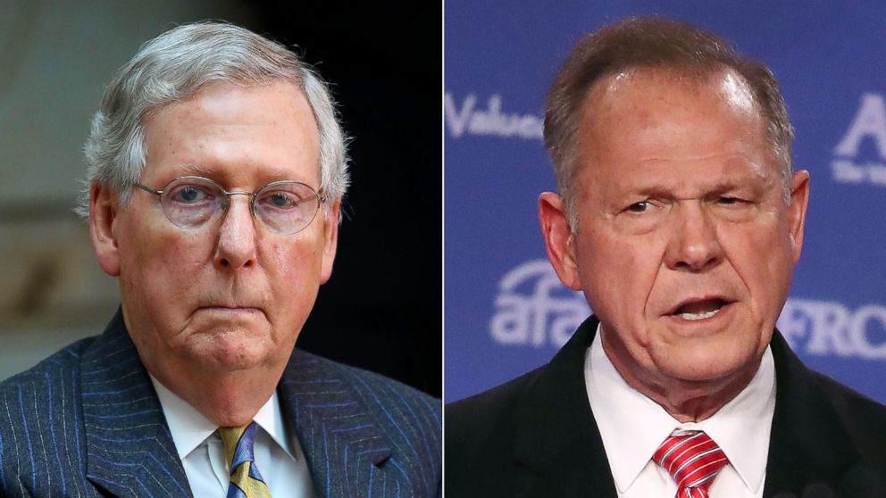 Mitch McConnell (R-KY) is seen at a ceremony in Washington DC, Nov. 8, 2017 and Roy Moore speaks at a summit on Oct. 13, 201 in Washington DC. 