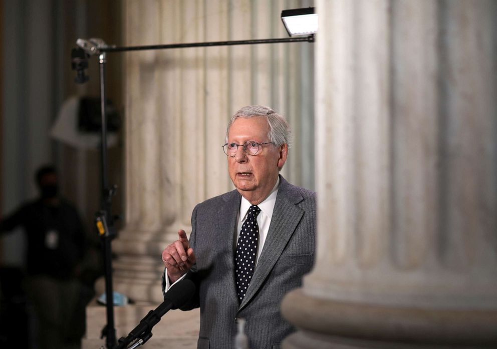 PHOTO: Senate Minority Leader Mitch McConnell stops for a television interview on Capitol Hill in Washington, March 3, 2021.