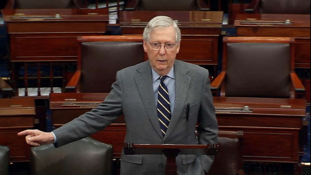 PHOTO: Senate Majority Leader Mitch McConnell speaks on the floor of the U.S. Senate in Washington, March 5, 2020.