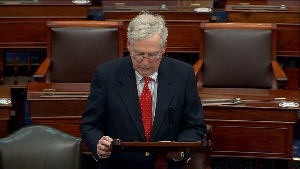 PHOTO: Senate Majority Leader Mitch McConnell speaks on the Senate floor, Dec. 15, 2020, in Washington, D.C.