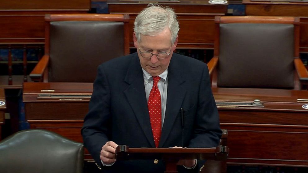 PHOTO: Senate Majority Leader Mitch McConnell speaks on the Senate floor, Dec. 15, 2020, in Washington, D.C.