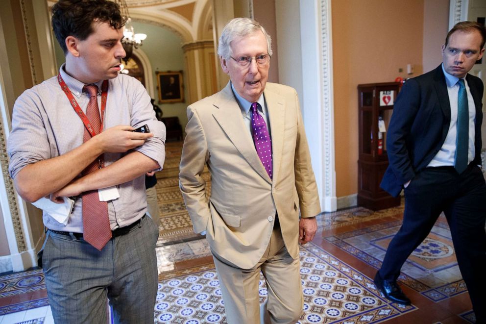 PHOTO: Senate Majority Leader Mitch McConnell responds to a question from the news media after walking off the Senate floor in the U.S. Capitol in Washington, June 20, 2019.