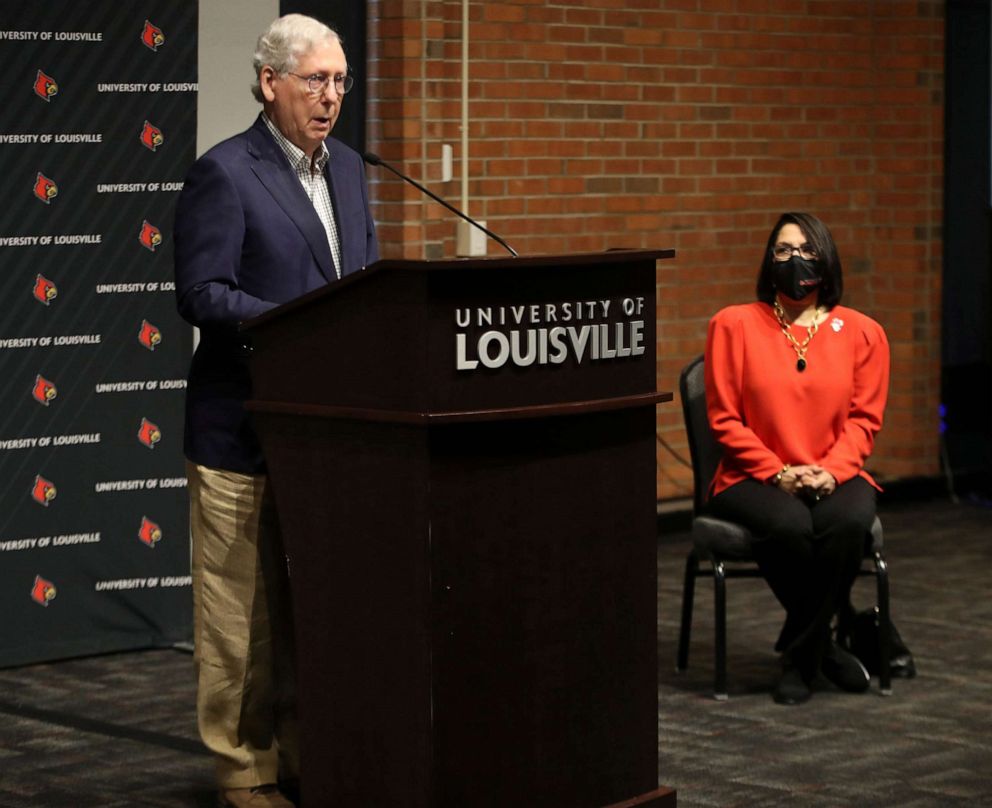 PHOTO: Sen. Mitch McConnell speaks at a press conference after touring the Regional Biocontainment Lab - Center for Predictive Medicine at the University of Louisville, May 3, 2021, in Louisville, Ky.