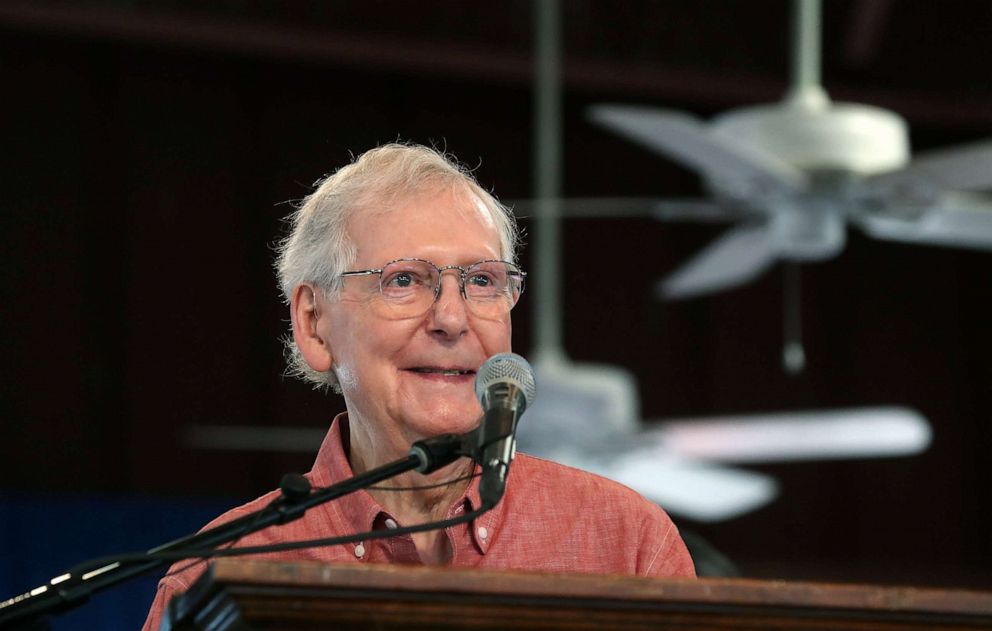 PHOTO: Senate Leader Mitch McConnell speaks speaks during the annual St. Jerome Fancy Farm Picnic in Fancy Farm, Ky., on Aug. 5, 2023.