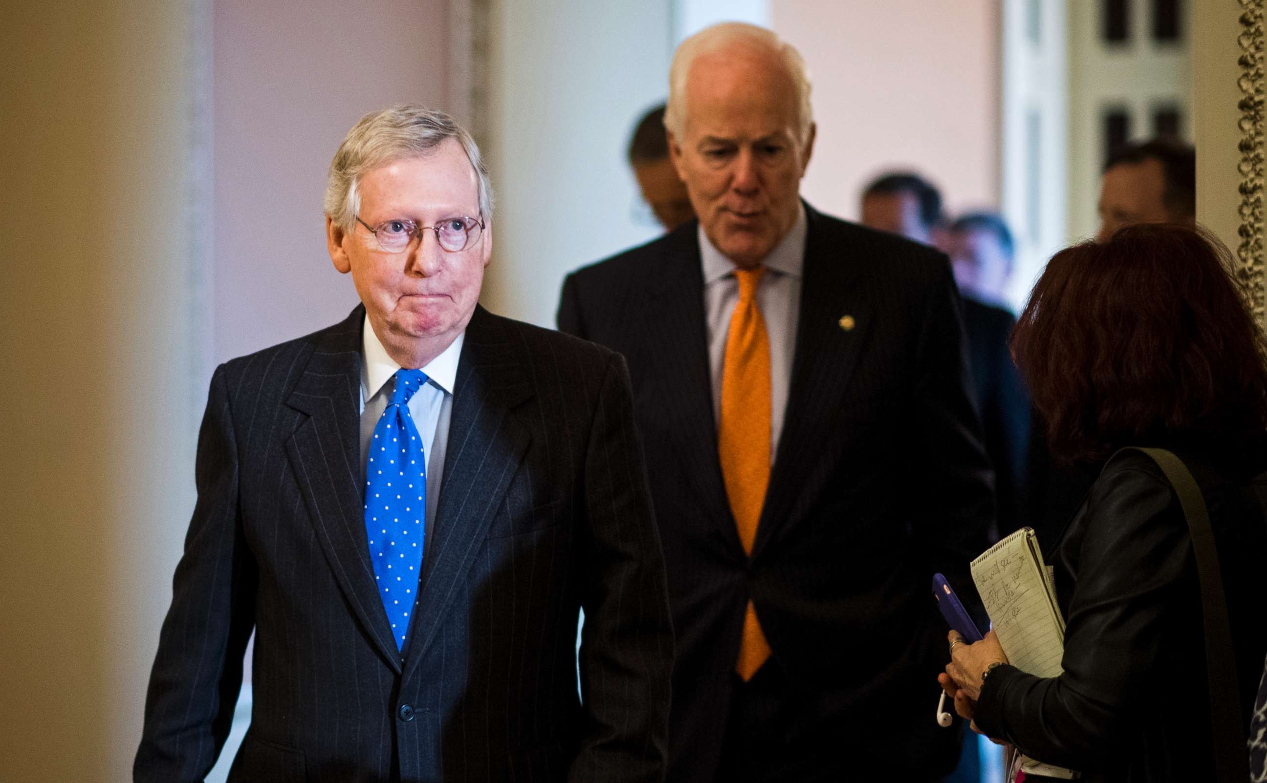 PHOTO: Senate Majority Leader Mitch McConnell leaves the Senate Republicans' policy lunch in the Capitol on April 24, 2018.