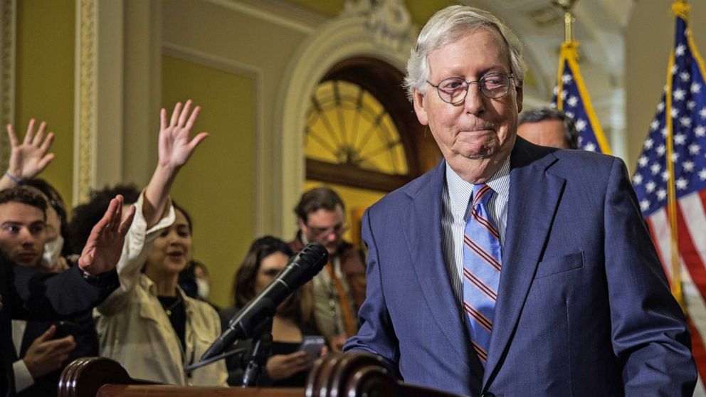 PHOTO: Senate Minority Leader Mitch McConnell is pictured during a press conference at the U.S. Capitol on Sept. 28, 2022 in Washington, D.C.