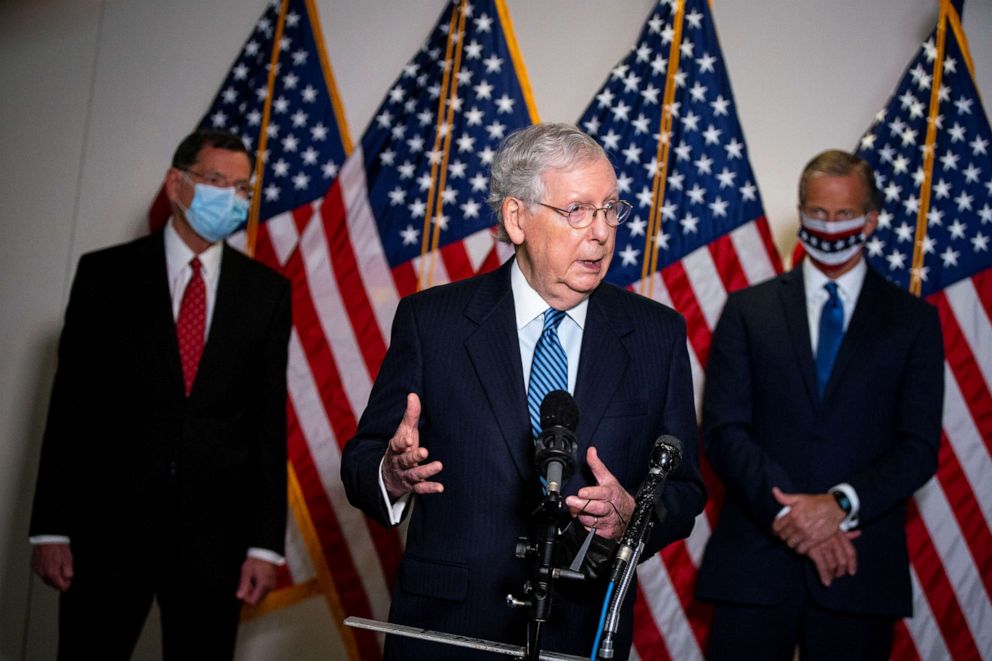 PHOTO: Senate Majority Leader Mitch McConnell, R-Ky., speaks to reporters after the Senate Republican luncheon on Capitol Hill, in Washington, D.C., Sept. 15, 2020.