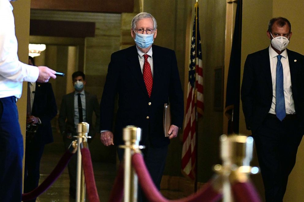 PHOTO: Senate Majority Leader Mitch McConnell walks from his office to the Senate Chamber, Dec. 14, 2020. Bipartisan negotiators are preparing to introduce a COVID-19 relief bill.