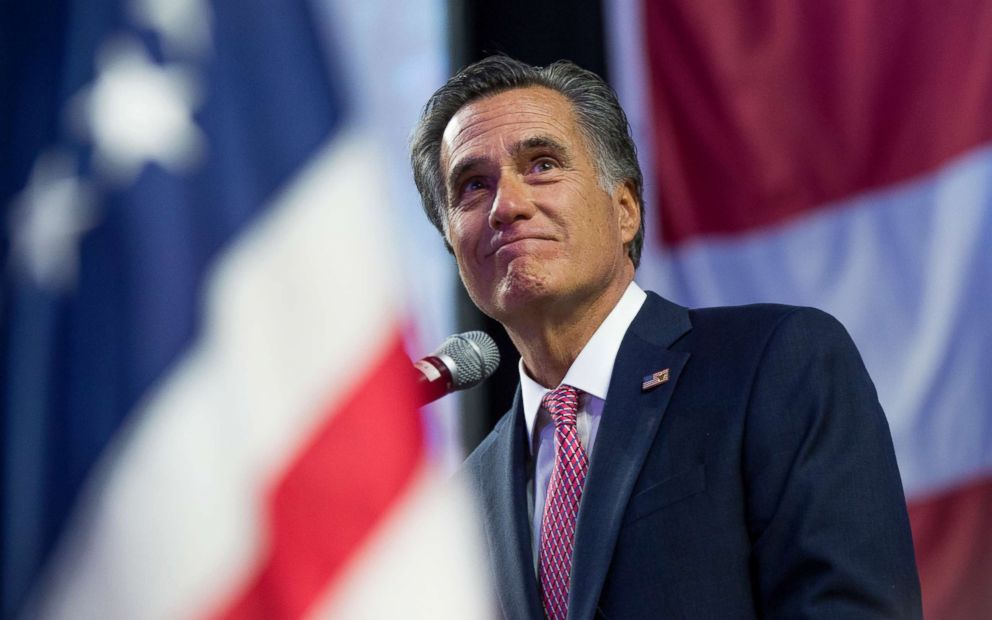 PHOTO: Senate candidate Mitt Romney delivers his speech to the delegates at the Utah Republican Nominating Convention, April 21, 2018, at the Maverik Center in West Valley City, Utah.